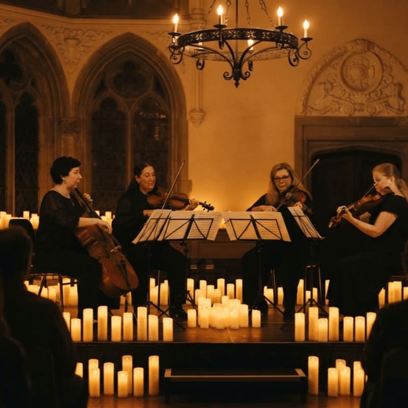 Four musicians play classical instruments on a stage surrounded by numerous lit candles, with an ornate chandelier hanging from the ceiling in the dimly lit, arched hall behind them.