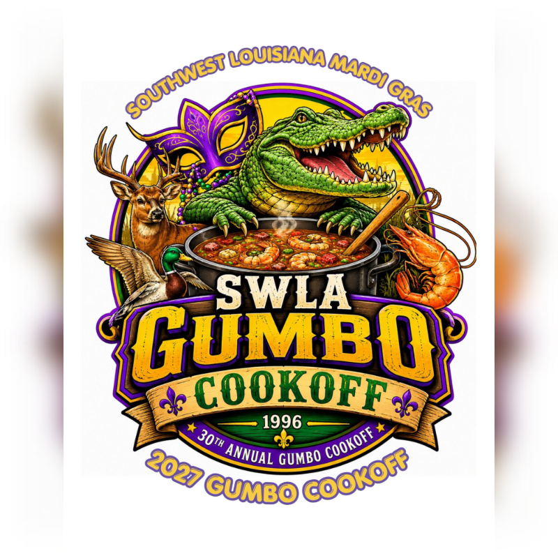 A vibrant logo for the SWLA Gumbo Cookoff features a steaming pot of gumbo in the foreground, surrounded by Mardi Gras elements and Louisiana wildlife, with "Southwest Louisiana Mardi Gras" text arching over the top.