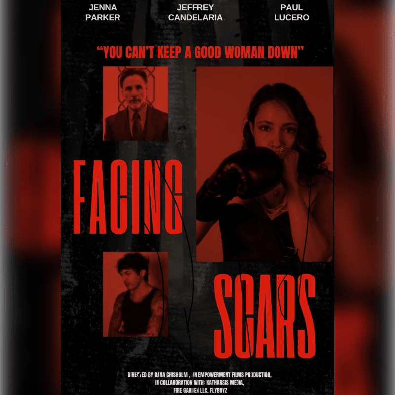 A movie poster features three portraits of actors in the background, with the title "FACING SCARS" prominently displayed in the foreground.