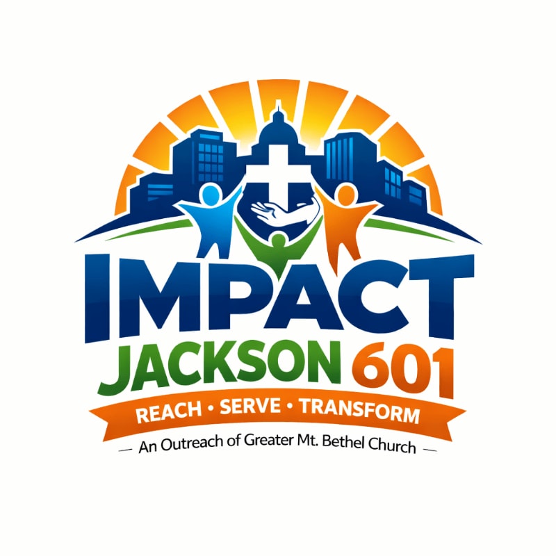 In the foreground, the words "IMPACT JACKSON 601" are displayed in bold letters with the tagline "REACH • SERVE • TRANSFORM" below, while the background features a stylized cityscape with a cross and sunburst.
