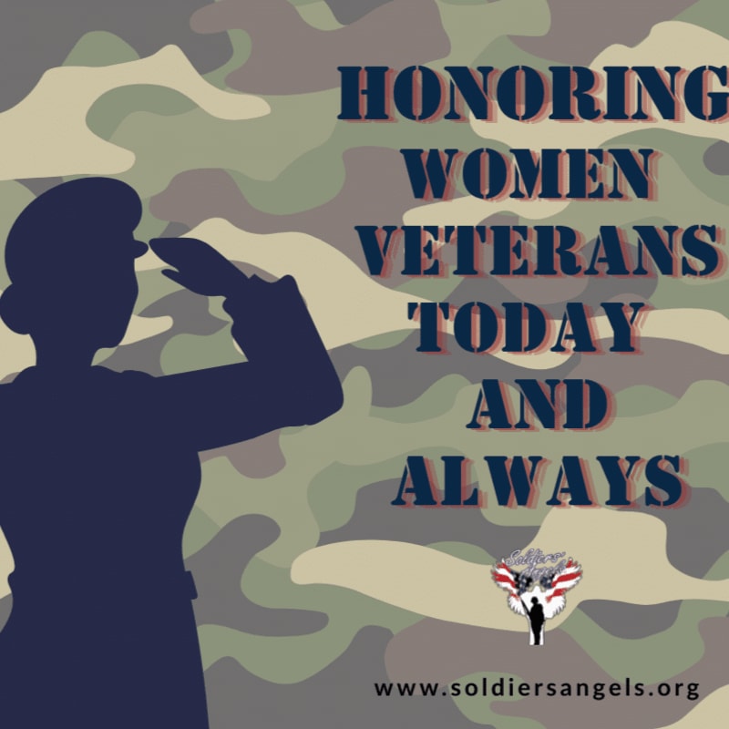 A silhouette of a woman in uniform salutes against a camouflage background with the words "HONORING WOMEN VETERANS TODAY AND ALWAYS" and a small emblem.