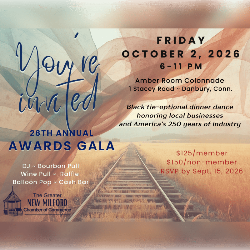 A stylized invitation for the 26th Annual Awards Gala is overlaid on a photograph of railroad tracks receding into a hazy, golden-toned background.