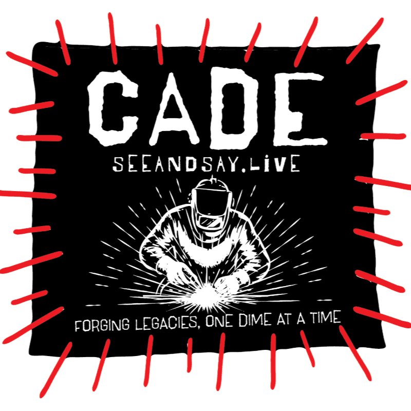 A black square with red stitching surrounds a white graphic of a welder in the foreground, with text above and below.