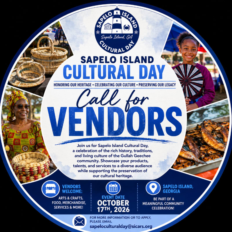 In the foreground, a call for vendors for Sapelo Island Cultural Day is displayed with images of crafts and food, while the background features a lighthouse and a smiling girl.