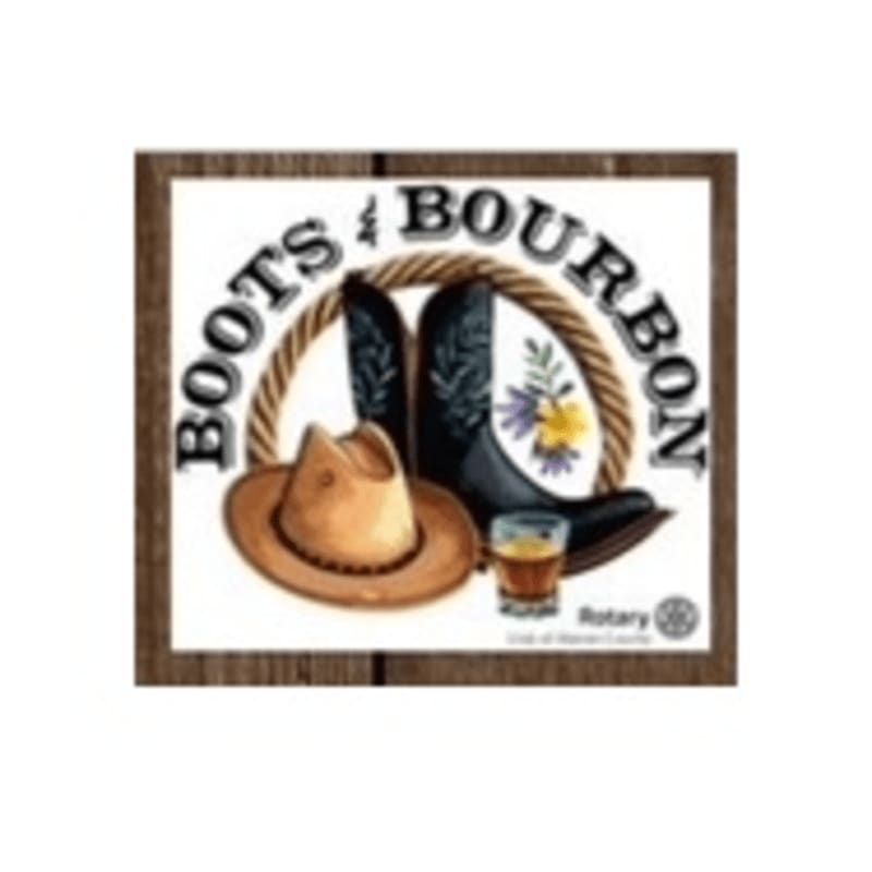 A cowboy hat and boots sit in front of a glass of bourbon, all framed by a rope and the words "Boots & Bourbon" against a white background with a Rotary Club logo in the lower right corner.
