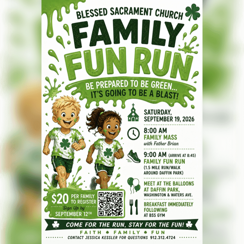 Two smiling children in green shirts with shamrocks run in the foreground, while event details for a "Family Fun Run" are listed in the background.