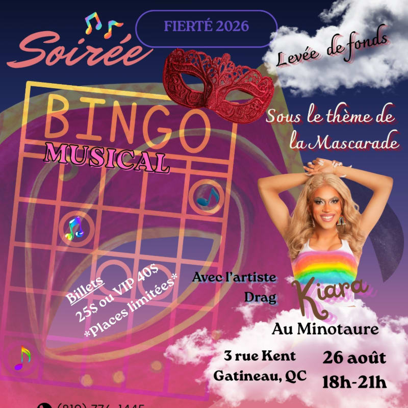 A drag queen named Kiara is featured in the foreground of a flyer for a musical bingo masquerade fundraiser, with a bingo card and mask in the background.