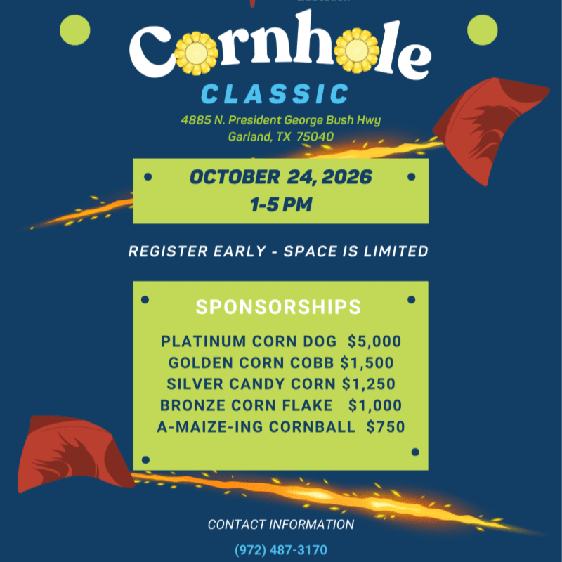 A dark blue background features a "Cornhole Classic" event announcement with a list of sponsorships and contact information, framed by stylized red flags and glowing yellow streaks.