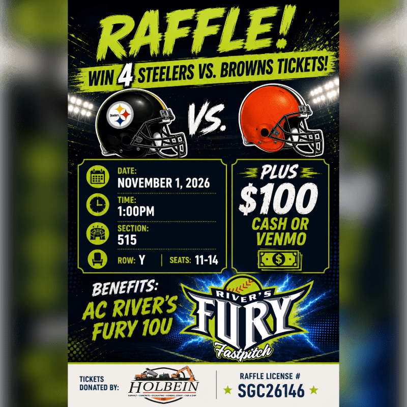 In the foreground, a raffle advertisement for Steelers vs. Browns tickets and cash prizes is displayed, while the background features stadium lights and a dark, energetic design.