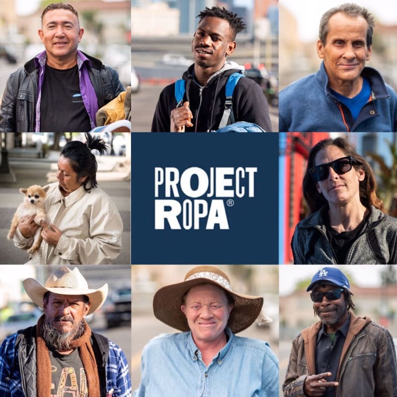Nine portraits of diverse individuals are arranged around a central logo for "PROJECT ROPA," with blurred urban backgrounds.