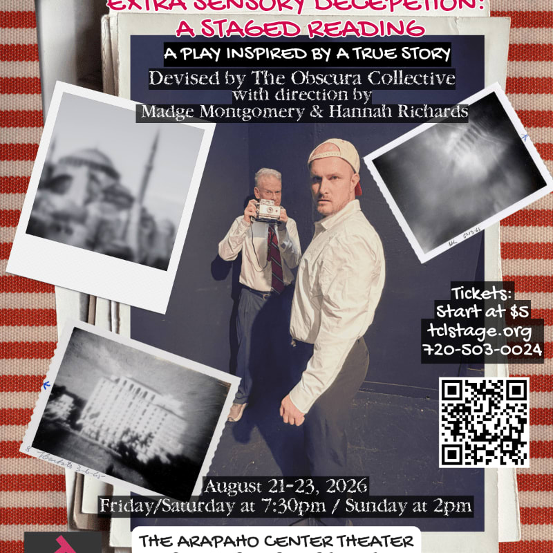 Three vintage-style photos are scattered across a red and white striped background, with a poster for a staged reading featuring two men in the center.