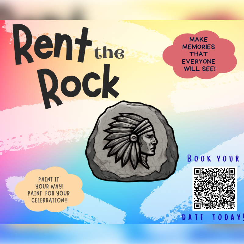 A painted rock with a Native American headdress is featured in the foreground against a colorful, abstract background with text promoting rentals and booking.