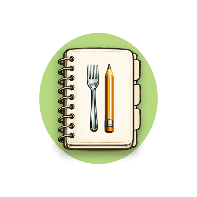 A fork and pencil rest on an open notebook with a green circle background.