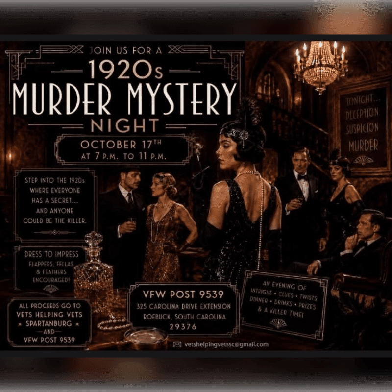 A group of elegantly dressed people in 1920s attire stand in a dimly lit, opulent room with a chandelier and a sign hinting at murder, advertising a murder mystery night.