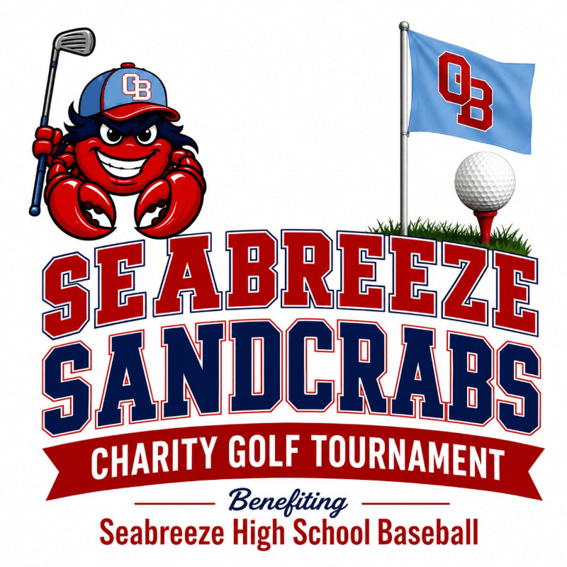 A cartoon crab wearing a baseball cap and holding a golf club stands in the foreground next to the text "SEABREEZE SANDCRABS CHARITY GOLF TOURNAMENT", while a flag with "OB" and a golf ball on a tee are in the background.