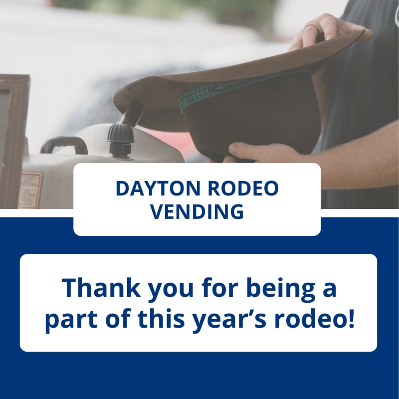 A person's hands hold a cowboy hat over a steaming machine in the foreground, with "DAYTON RODEO VENDING" and "Thank you for being a part of this year's rodeo!" text overlays, against a blurred outdoor background.