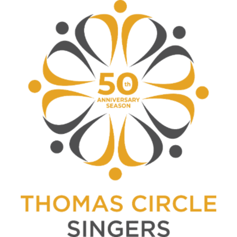 A circular logo with "50th Anniversary Season" in the center, surrounded by stylized figures and dots, is placed above the text "THOMAS CIRCLE SINGERS" on a white background.