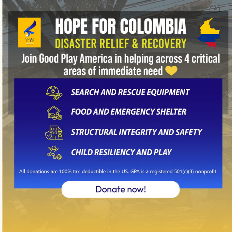 A yellow and blue graphic with the text "HOPE FOR COLOMBIA DISASTER RELIEF & RECOVERY" is overlaid on a blurred background of people and debris.