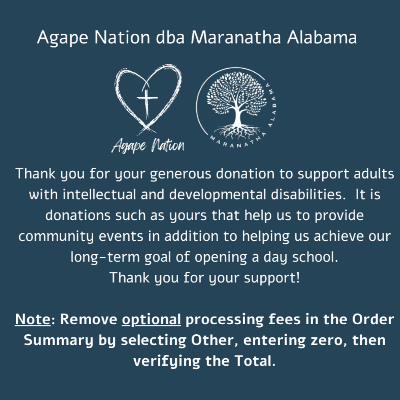 A dark blue background features logos and text thanking donors for supporting adults with intellectual and developmental disabilities, with a note about processing fees at the bottom.