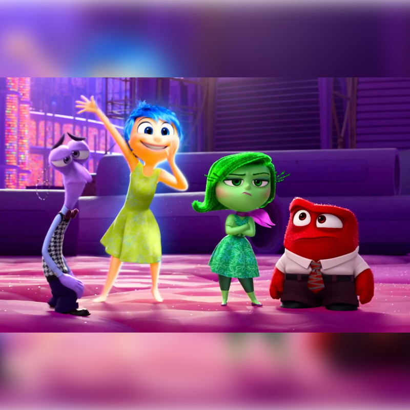 Four animated characters, Joy, Disgust, Sadness, and Anger, stand on a purple floor with a blurred, purple-lit background.