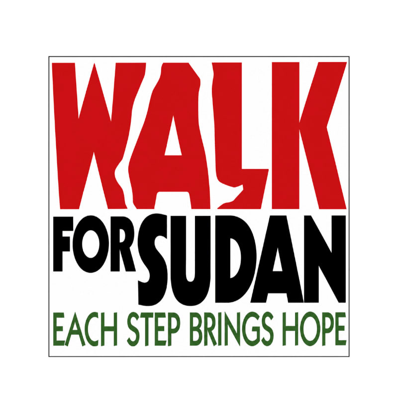 Bold red letters spell "WALK" above black letters that read "FOR SUDAN," with green text at the bottom stating "EACH STEP BRINGS HOPE" on a white background.