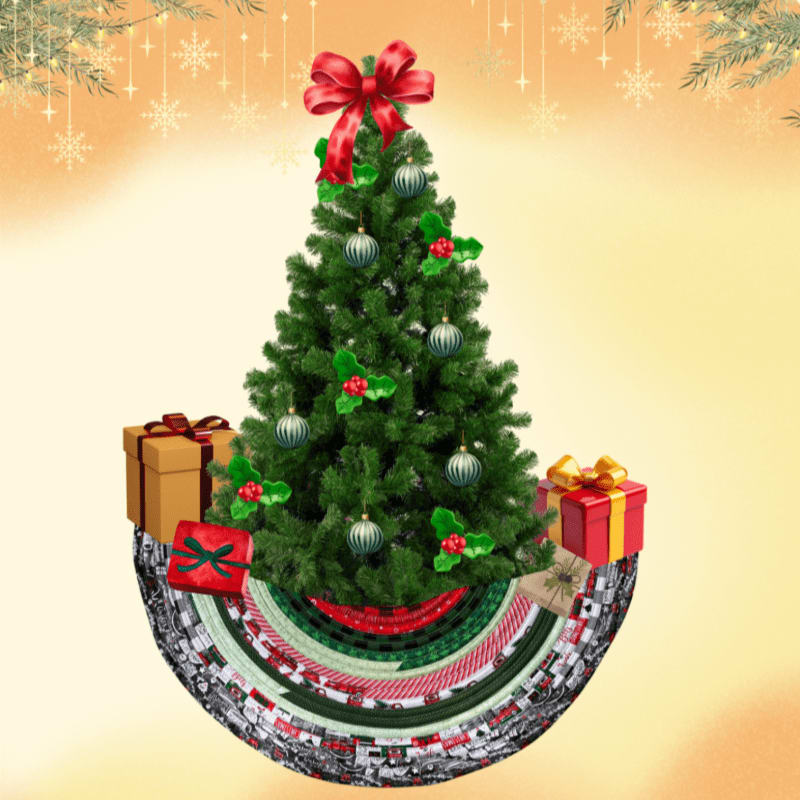 A decorated Christmas tree with gifts sits on a circular base of festive ribbons, set against a warm, glowing background with snowflake and branch accents.