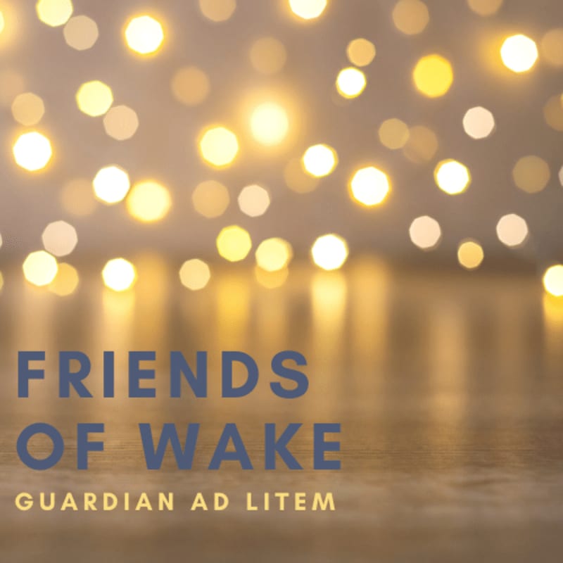 Soft, blurred golden lights create a warm bokeh effect in the background, while the words "FRIENDS OF WAKE GUARDIAN AD LITEM" are clearly visible in the foreground.