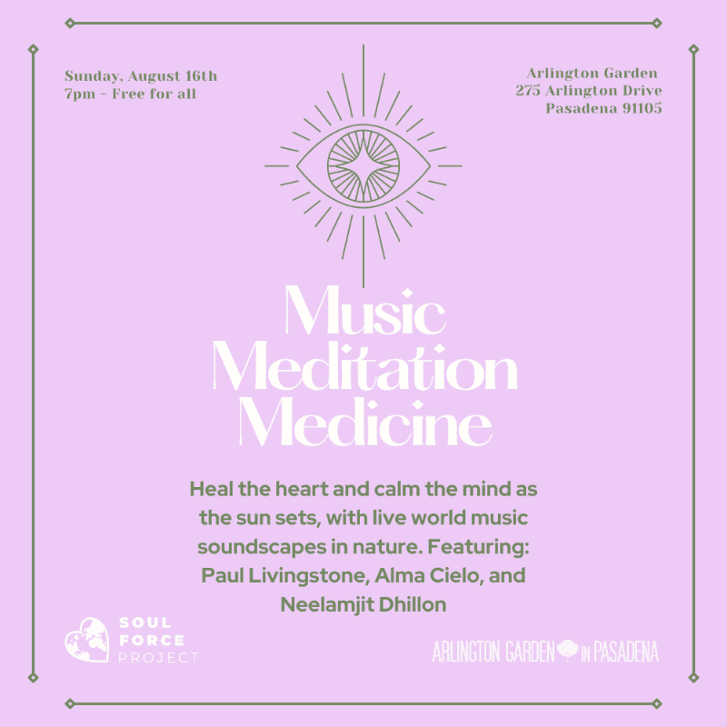 A pastel purple background features event details for "Music Meditation Medicine" in the foreground, with a stylized eye graphic at the top.