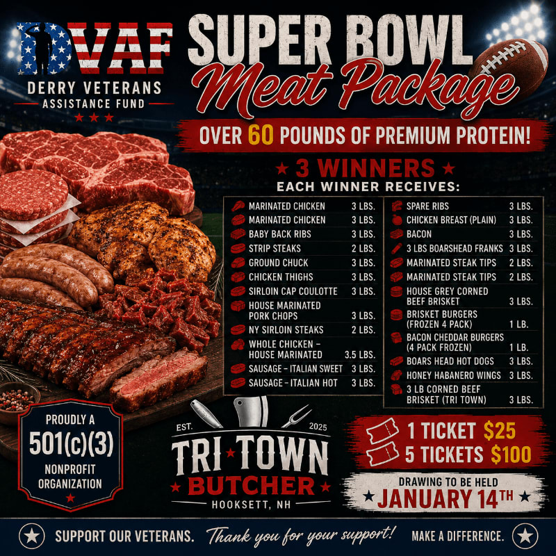 A large assortment of raw meats and sausages fills the foreground, with a stadium crowd visible in the blurred background.