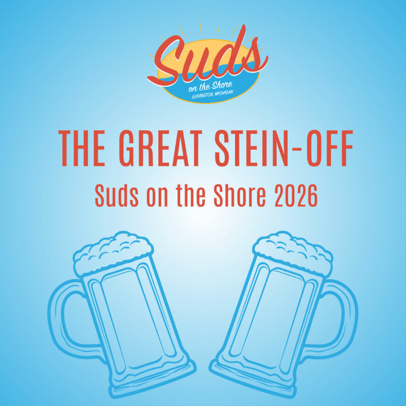 Two frothy beer steins are in the foreground, with the "Suds on the Shore 2026" event title and logo set against a light blue, gradient background.