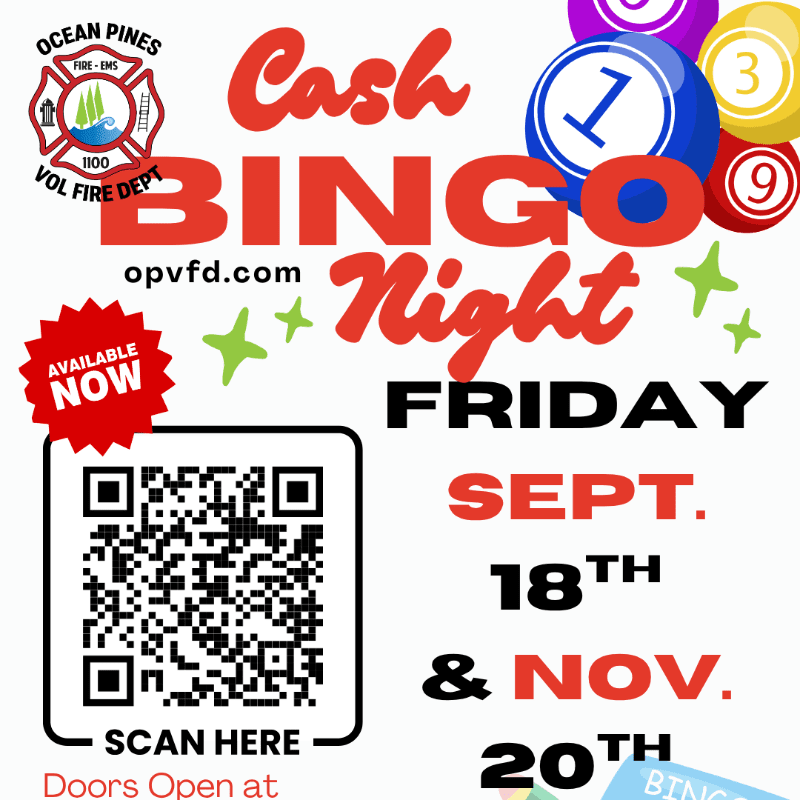 A QR code and "AVAILABLE NOW" sign are in the foreground, while the background features bold text advertising "Cash BINGO Night" with bingo balls.