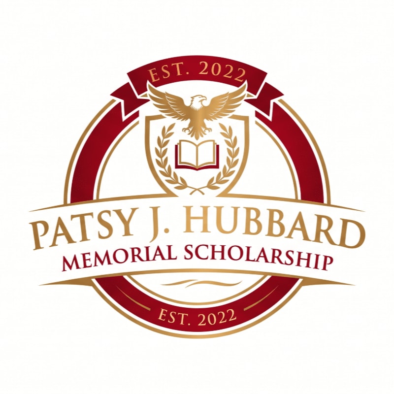 A gold eagle hovers over an open book and laurel wreath within a maroon and gold circular emblem, with "PATSY J. HUBBARD MEMORIAL SCHOLARSHIP EST. 2022" text in gold and maroon against a white background.