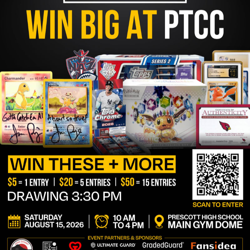 In the foreground, Pokémon and baseball cards are displayed with a QR code for entry, while the background features bold text announcing "WIN BIG AT PTCC" and event details.