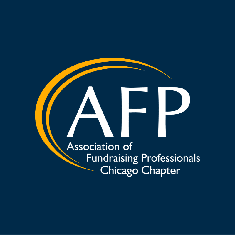 White letters "AFP" are prominently displayed in the foreground against a dark blue background, with the words "Association of Fundraising Professionals Chicago Chapter" written below in smaller white text, all enclosed by a yellow and orange curved line.