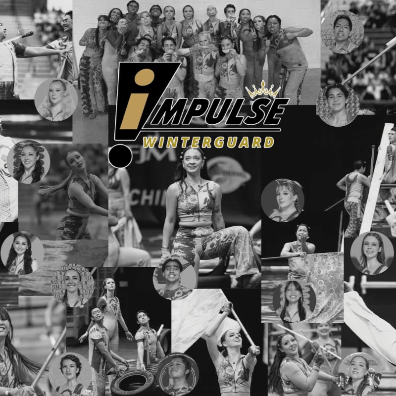 A collage of black and white photos features a group of young performers in the background, while the foreground showcases individual portraits and action shots of the "Impulse Winterguard" team.