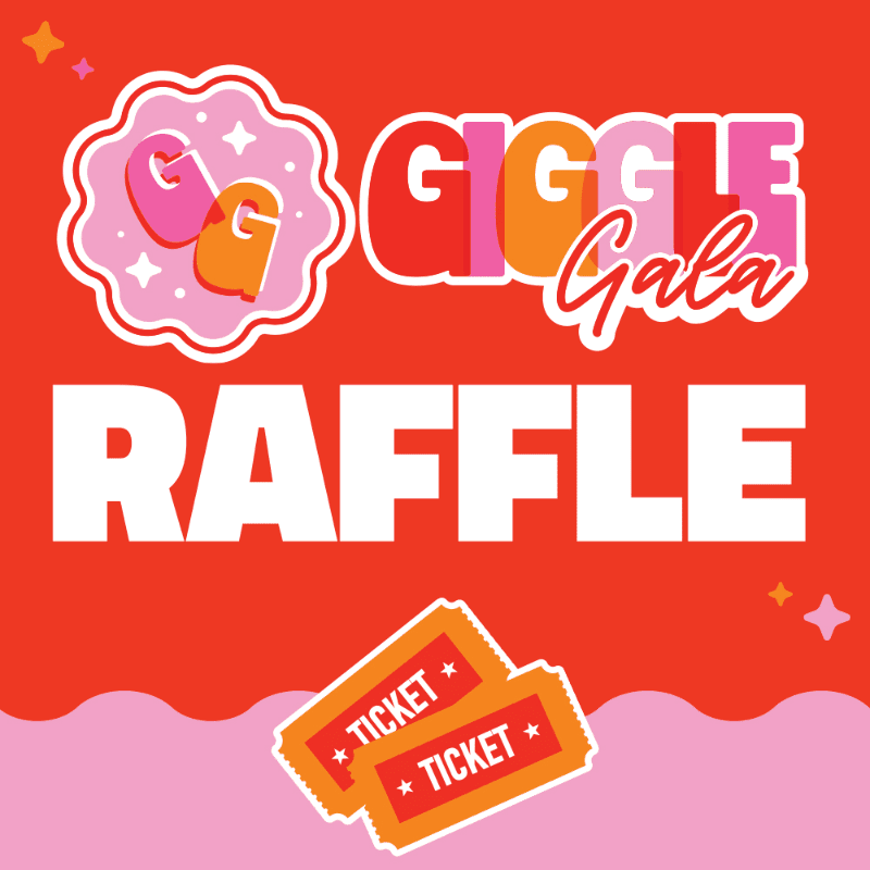 Two orange raffle tickets with red stars and the word "TICKET" are in the foreground, while the background features the words "GIGGLE Gala" in large, colorful letters above the word "RAFFLE" in white.