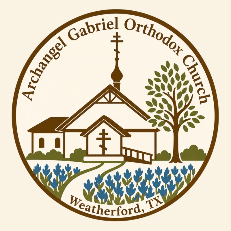 A stylized logo features a church with a cross-topped dome and a tree in the background, set against a field of blue flowers in the foreground, all within a circular border that reads "Archangel Gabriel Orthodox Church Weatherford, TX".
