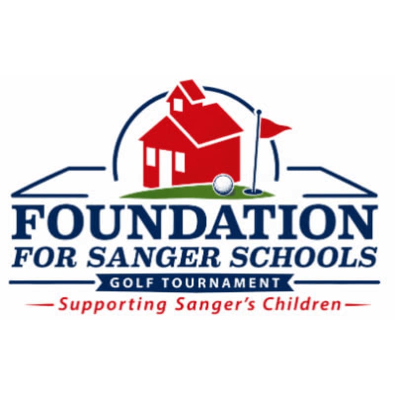 A red schoolhouse with a golf ball and flag in front is set against a white background with the words "FOUNDATION FOR SANGER SCHOOLS GOLF TOURNAMENT - Supporting Sanger's Children" below.