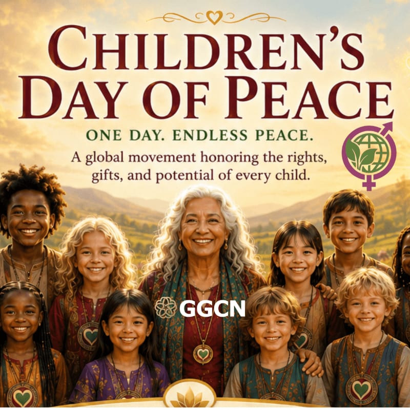 A diverse group of smiling children and an elder stand in the foreground against a backdrop of rolling hills and a warm, hazy sky, with text announcing "Children's Day of Peace."