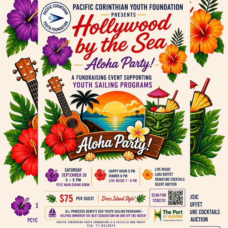 A vibrant Hawaiian-themed poster for a "Hollywood by the Sea Aloha Party" fundraiser features a ukulele and tropical flowers in the foreground against a sunset beach scene in the background.