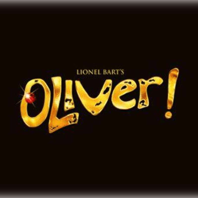 Golden, stylized text for "Oliver!" with a red jewel on the "O" is set against a dark, textured background.