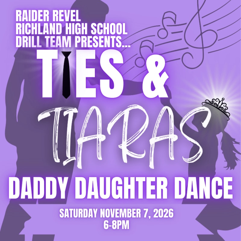 Silhouettes of a father and daughter dancing are featured in the foreground, with musical notes and event details in the background.