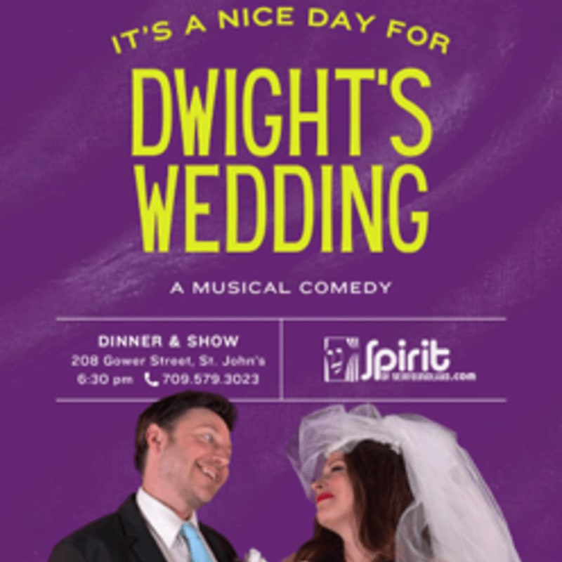 A smiling groom in a suit and a bride in a veil are featured in the foreground against a purple background advertising "Dwight's Wedding" a musical comedy.