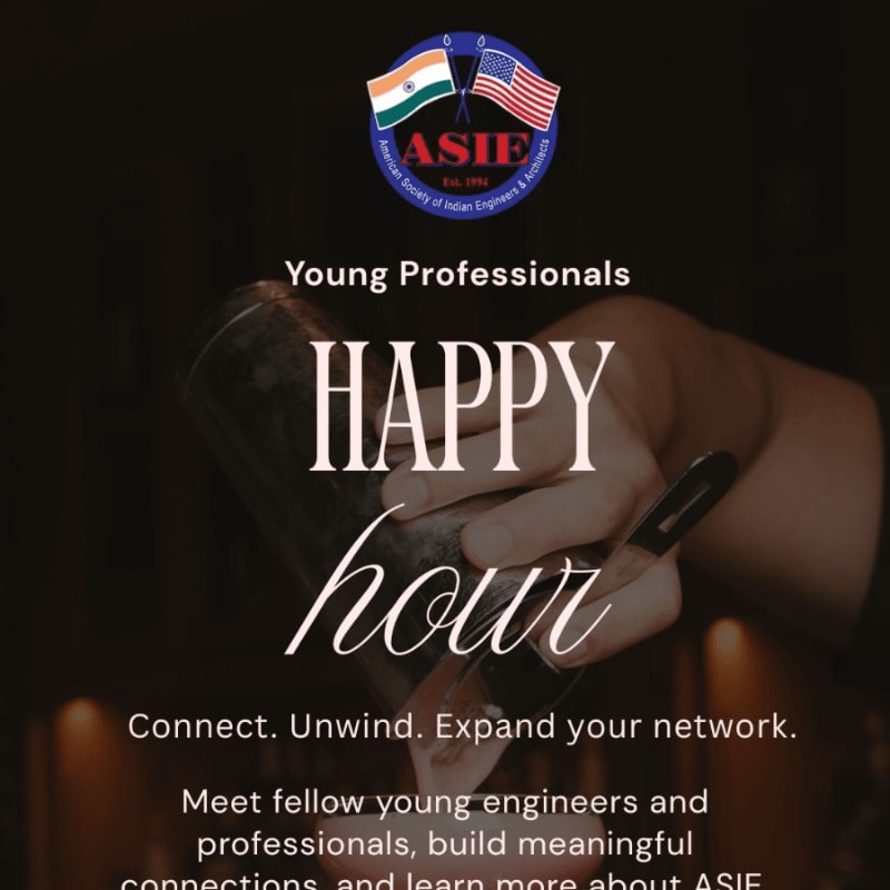 A hand holds a cocktail glass in the foreground, with the text "HAPPY hour" and ASIE logo in the background.