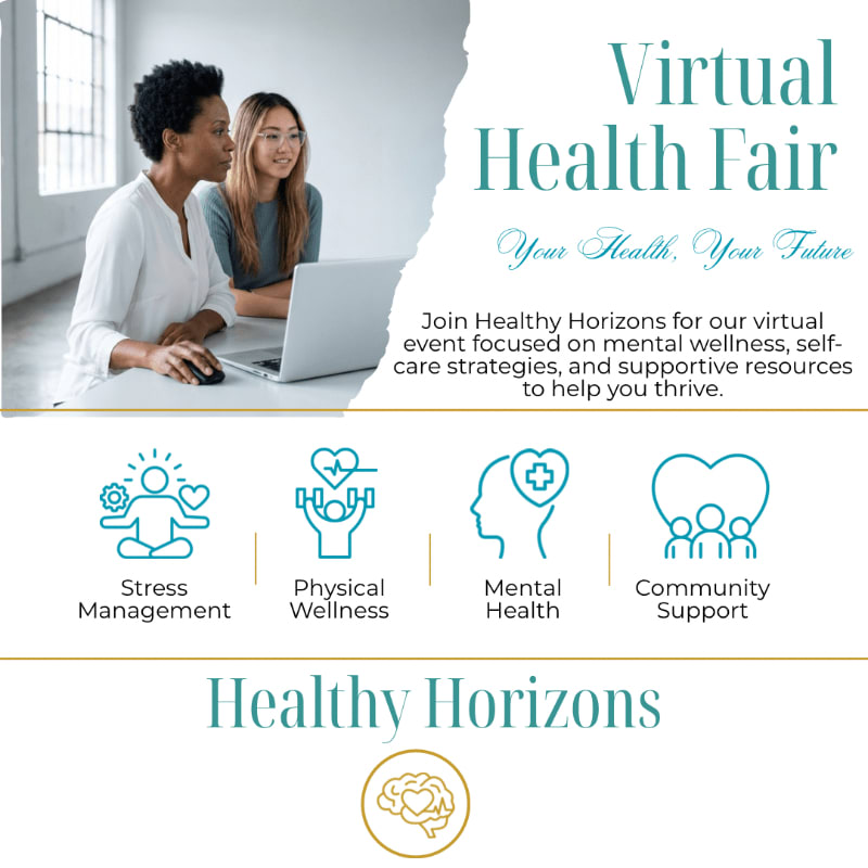 Two women look at a laptop in the foreground, with text and icons about a virtual health fair in the background.