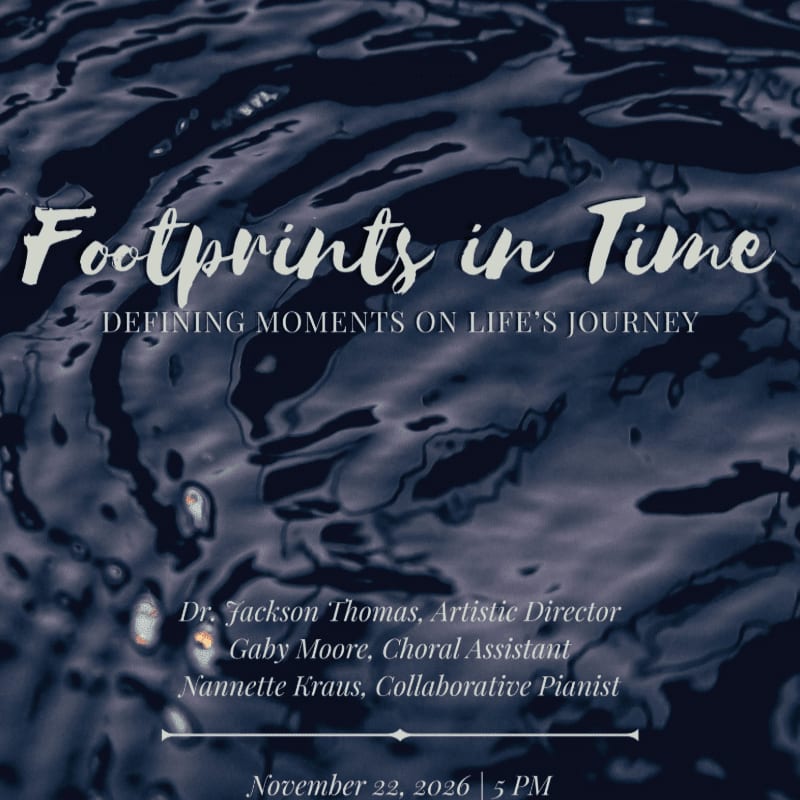 Text overlaying a dark, rippling water background announces "Footprints in Time" and lists event details.