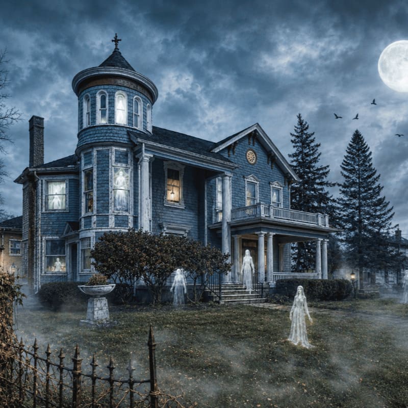 Ethereal ghosts drift across the misty lawn in front of a spooky, moonlit Victorian mansion.