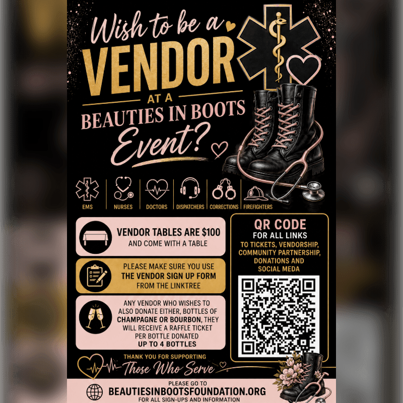 A black poster advertises a "Beauties in Boots" vendor event, featuring a pair of pink-laced boots and a stethoscope in the foreground against a dark, speckled background.