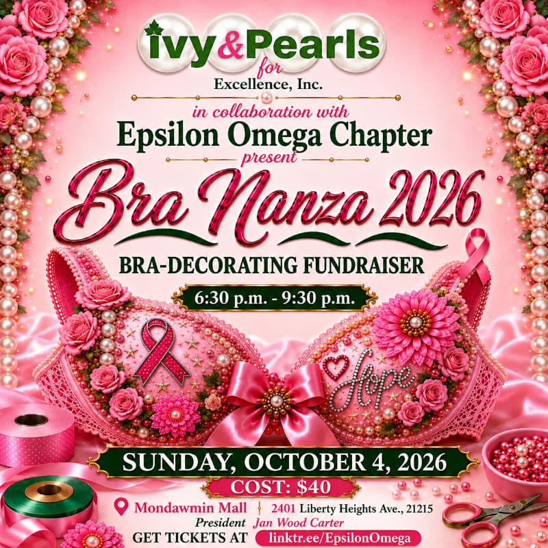 A pink bra decorated with roses and pearls is in the foreground, with event details and floral borders in the background.