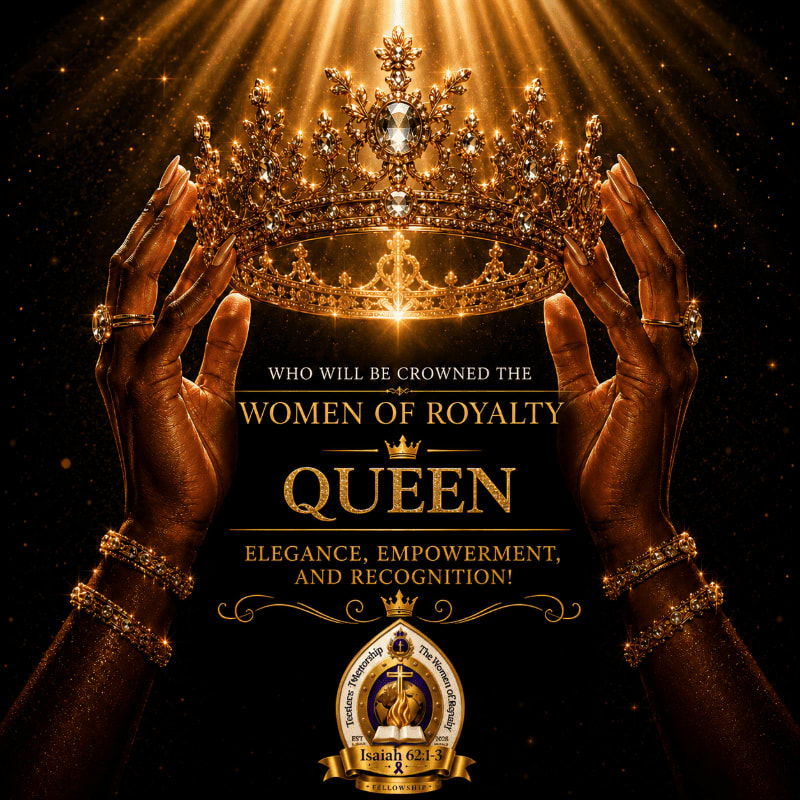 Two hands adorned with rings and bracelets hold a jeweled crown against a background of golden light beams and sparkles, with text announcing "QUEEN" and "WOMEN OF ROYALTY".